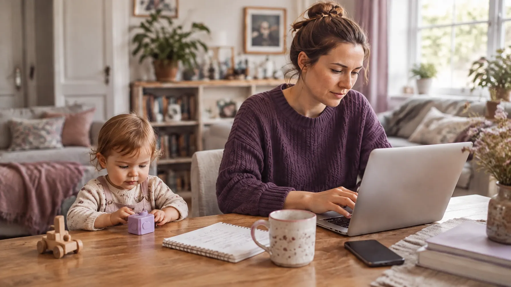 A mum working at the kitchen table while her toddler plays beside her