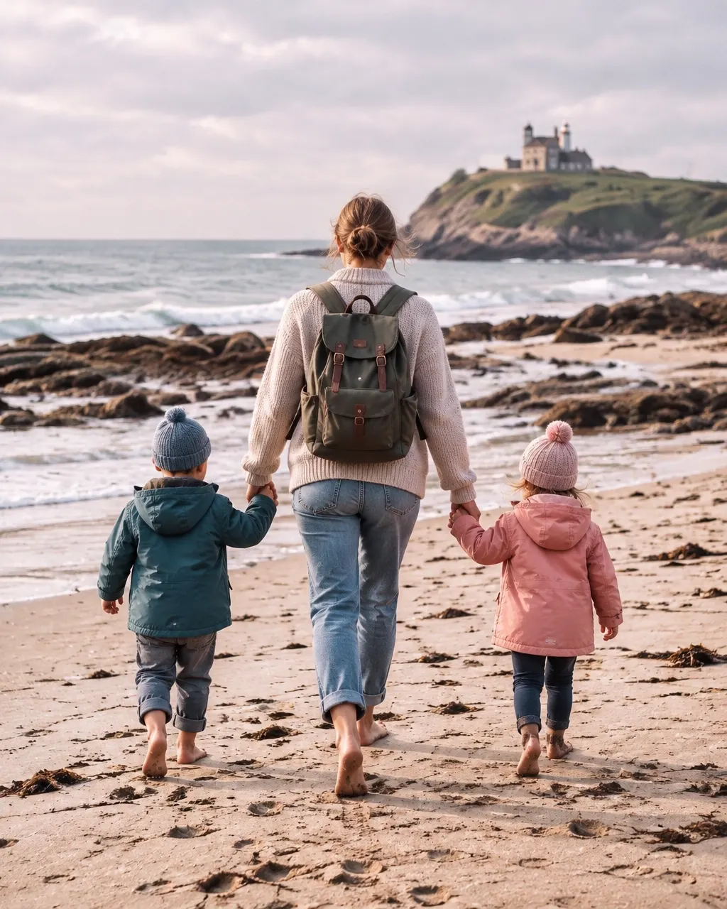 A mum walking along the beach with her young children