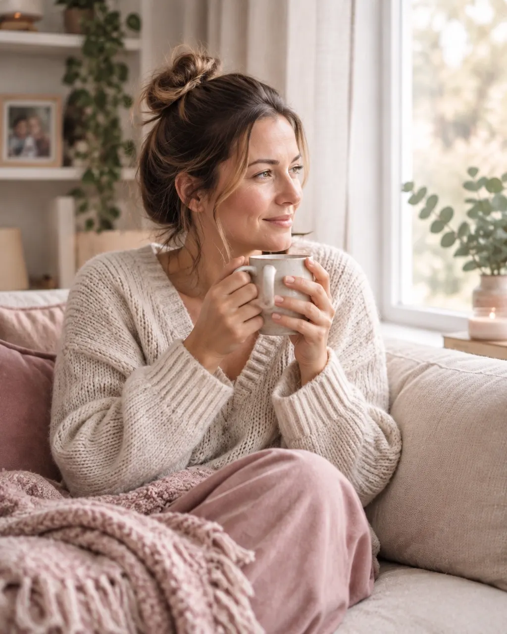 Mum enjoying a quiet moment with a warm drink at home